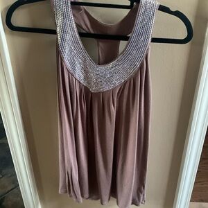 Racer Back Women's Dress V-neck Taupe Embellished Size Medium